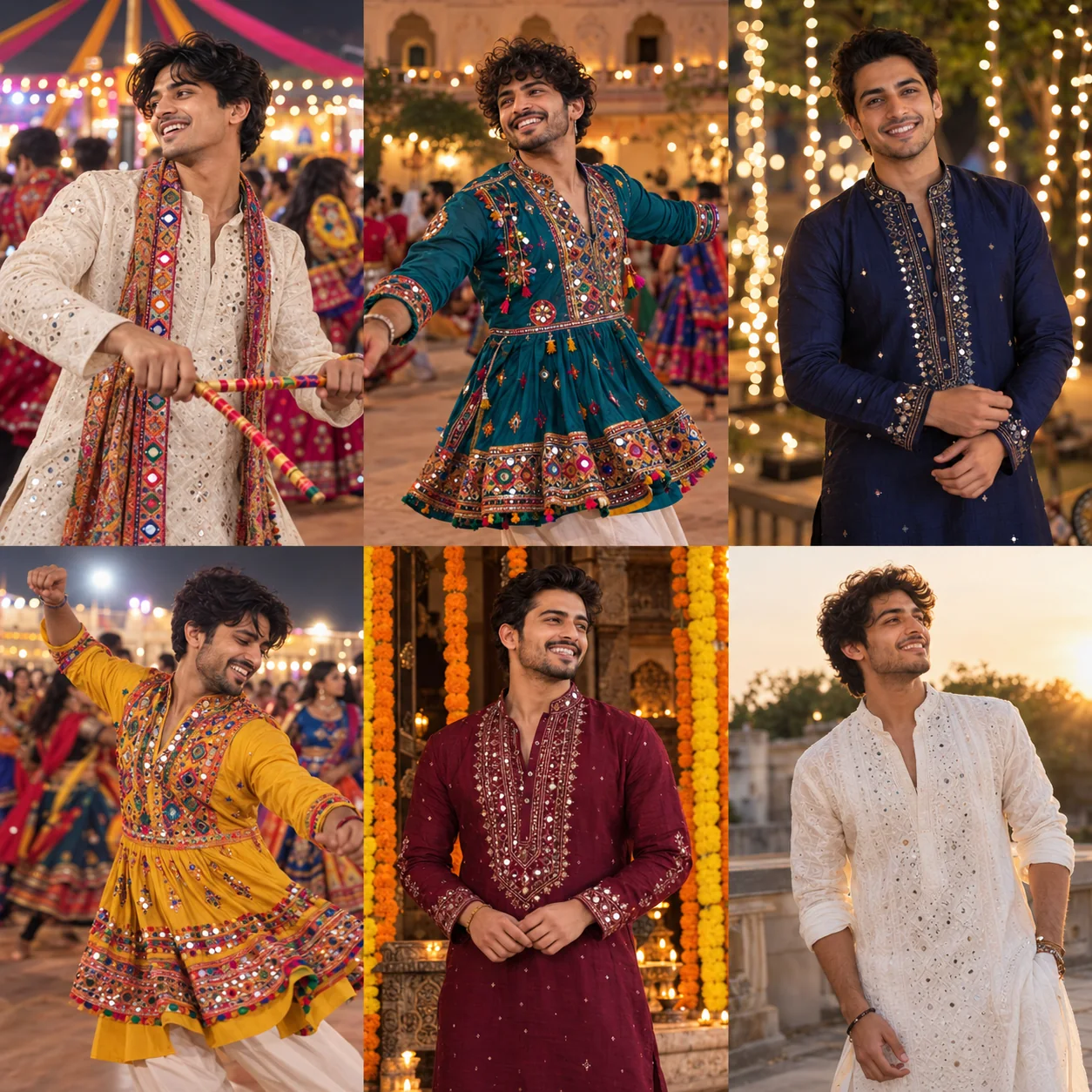 AI style illustration of an adult man in an ivory kurta at a Garba celebration